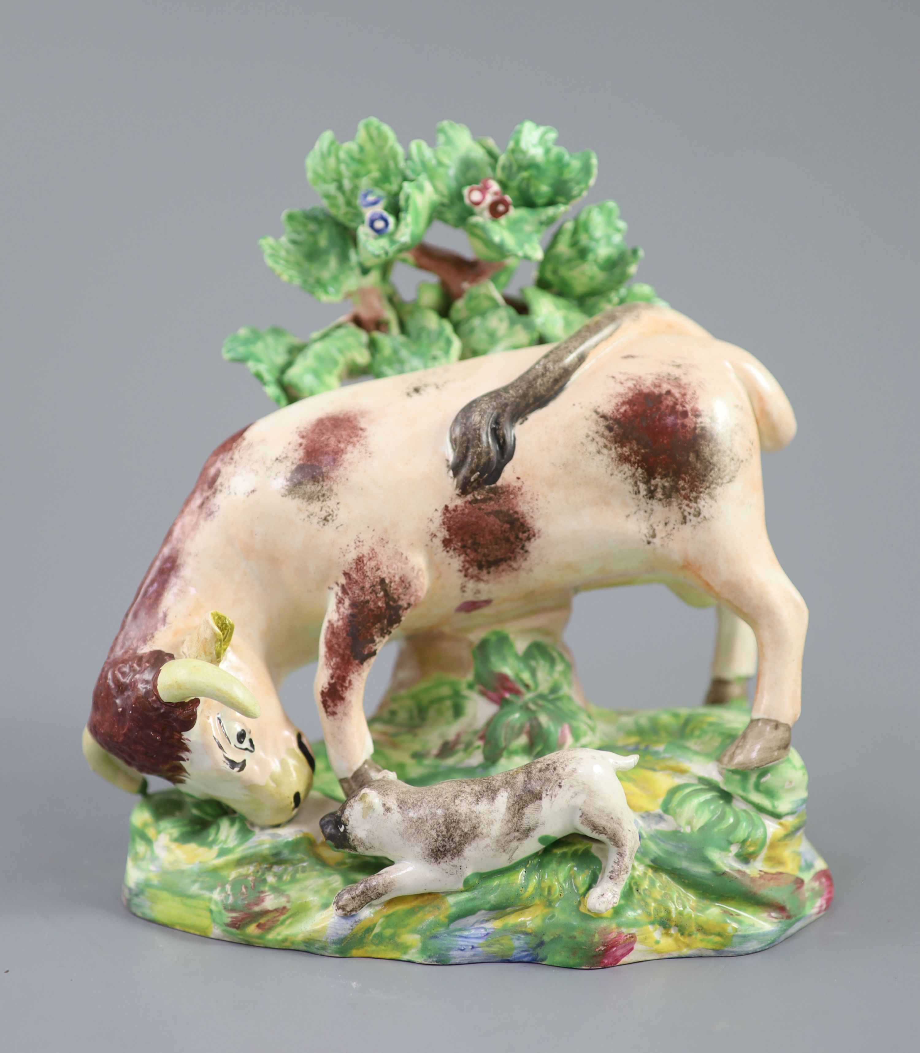 Enoch Wood of Burslem, a pearlware group Bull baiting, c.1800-10, 20cm high